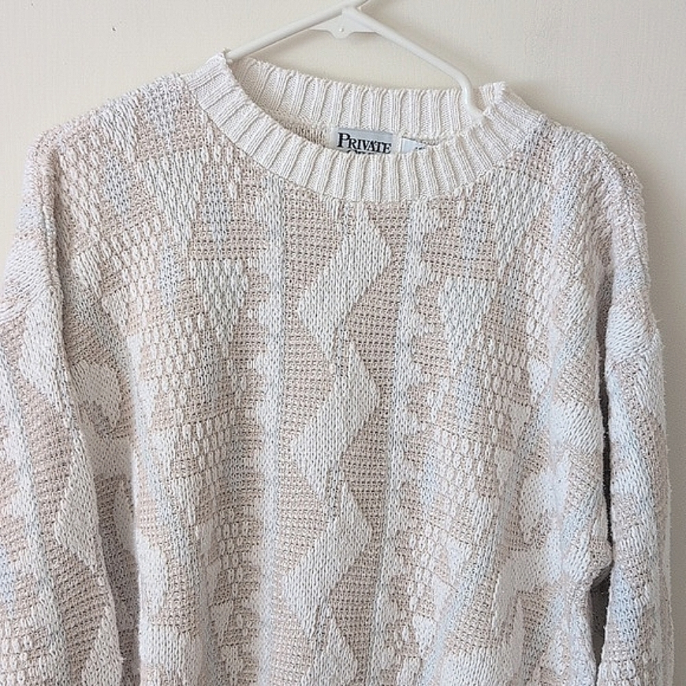 Vintage Mens Womens Medium Sweater Beige Cotton Coastal Beachy Cottage Nautical - Picture 3 of 7